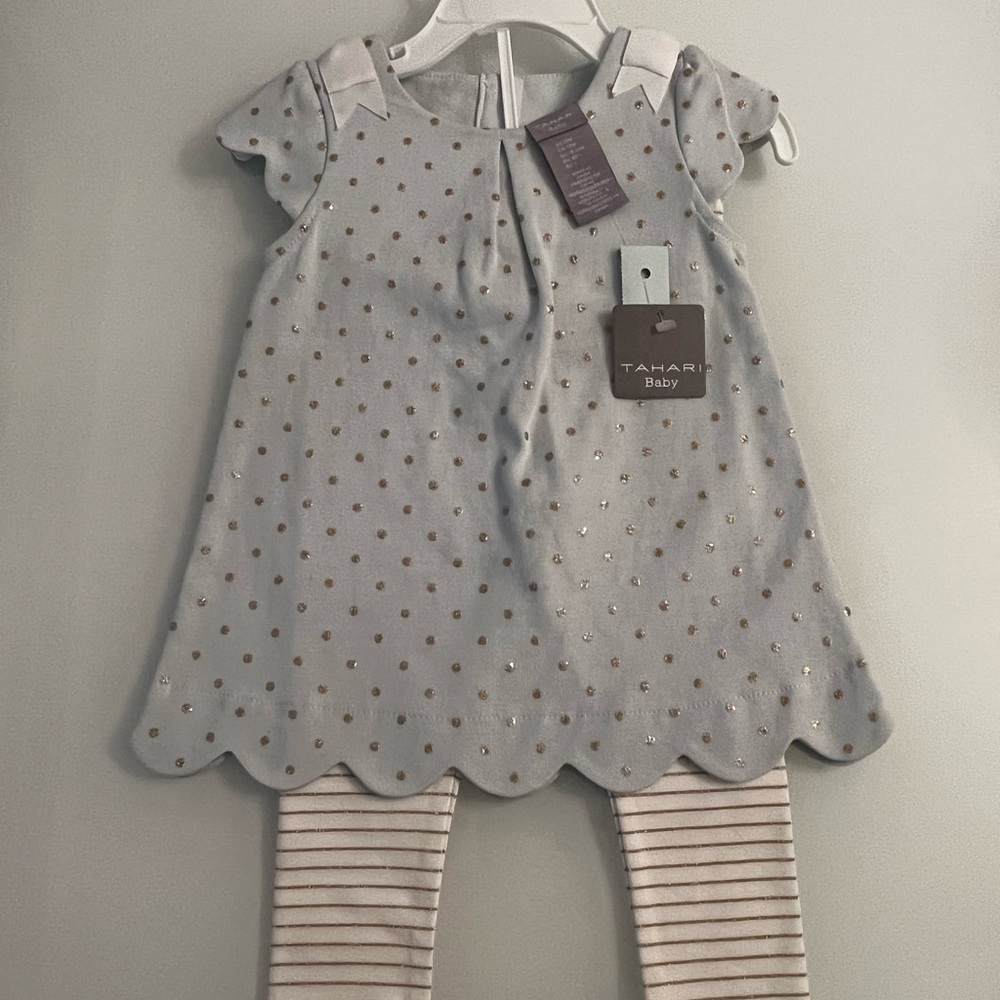 Tahari Baby 2 Piece Set 12M Light Green w/gold accents white ribbon detail